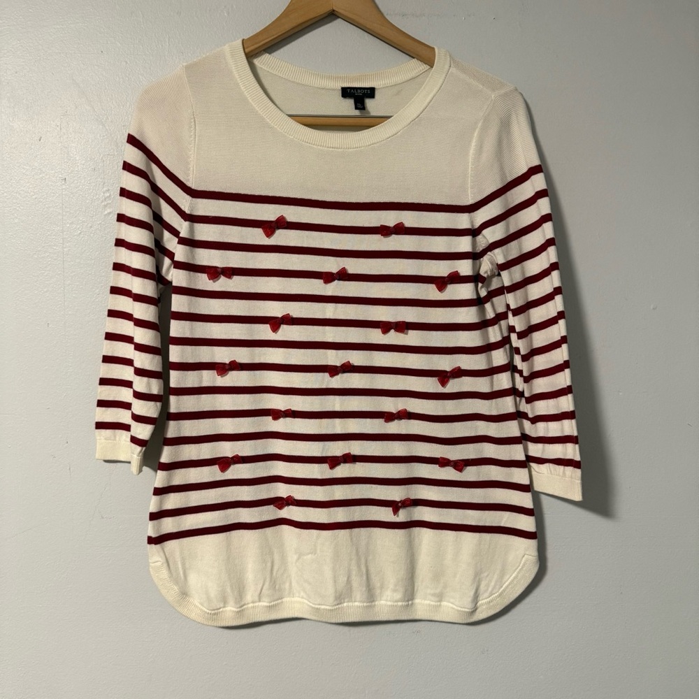 Talbots Women’s Sweater Size MP‎ Ivory Red Stripe Bow Embellished Tunic Pullover